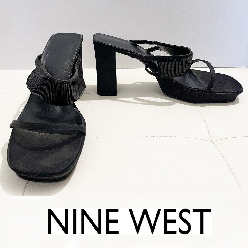 Nine West Black Vintage Block Heels Sandals w/Strap Embellishments | Size 10M